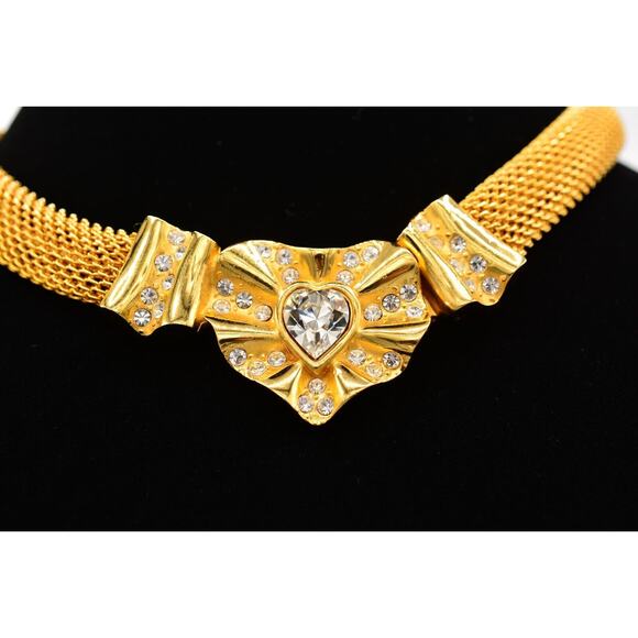 Givenchy Vintage Crystal Heart Choker Necklace Brushed Gold NOS Signed 80s Bin7A - Picture 1 of 12